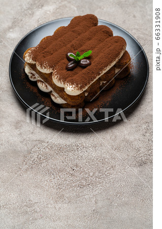 Classic tiramisu dessert on ceramic plate on light grey concrete background Classic tiramisu dessert on ceramic plate on light grey concrete background 66331908
