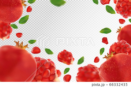 3D realistic pomegranate with green leaf. Ripe pomegranate fruit in motion. Beautiful pomegranate background. Falling pomegranate. Vector illustration. 3D realistic pomegranate with green leaf. Ripe pomegranate fruit in motion. Beautiful pomegranate background. Falling pomegranate. Vector illustration. 66332435