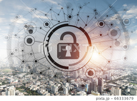 Cybersecurity mixed media with virtual padlock 66333679