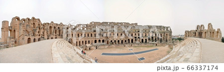 EL DJEM, TUNISIA - February 03, 2009: Panorama of arena of the ancient Roman El Jem amphitheater.  66337174