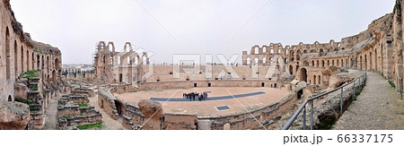 EL DJEM, TUNISIA - February 03, 2009: Panorama of arena of the ancient Roman El Jem amphitheater.  66337175