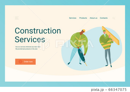 Construction business website template with characters working with jackhammer and timber. 66347075