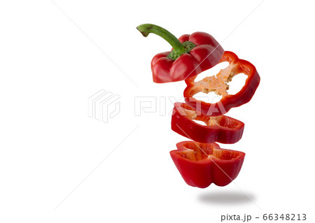 Flying red pepper isolated on white background. Food levitation concept 66348213