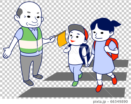 【マスク無】おじいさんに見守られながら横断歩道をわたる小学生 - 主線あり 66349890