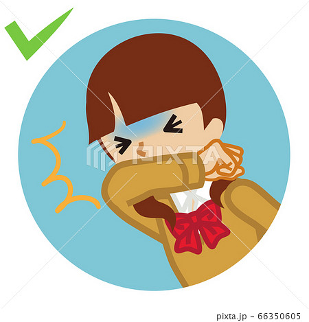 咳エチケット 腕で口をふさぐ女子学生 円形クリップアート 漫画タッチのイラスト素材