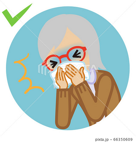 咳エチケット ハンカチで口を覆うシニア女性 円形クリップアート 漫画タッチのイラスト素材