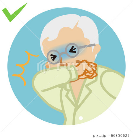 咳エチケット 腕で口をふさぐシニア男性 円形クリップアート 漫画タッチのイラスト素材