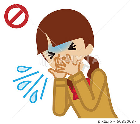 咳をする女子学生 手で口を覆う 上半身 漫画タッチのイラスト素材