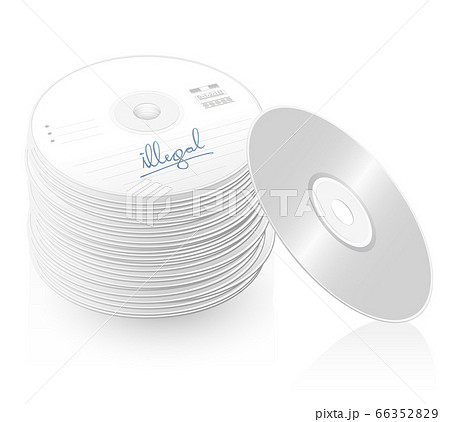 Illegal copy, bootlegs, pirate copies, pile of CDs, compact disc tower, many DVDs - isolated vector illustration on white background. 66352829