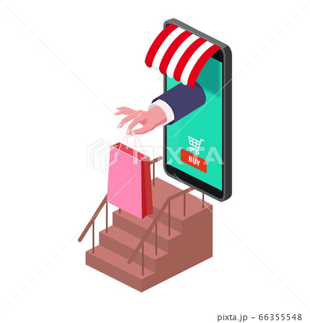 Online shopping hand serves a package with purchase from smartphone awning internet shop. Isometric supermarket. Vector concept and Digital marketing landing page template Online shopping hand serves a package with purchase from smartphone awning internet shop. Isometric supermarket. Vector concept and Digital marketing landing page template 66355548
