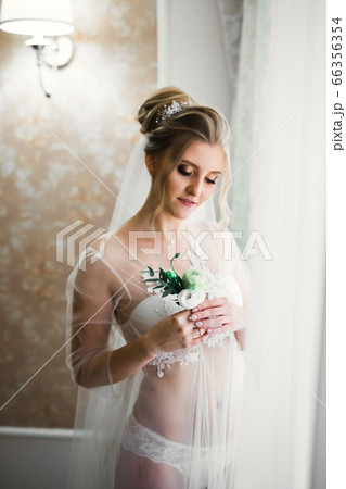 Luxury bride in white dress posing while preparing for the wedding ceremony 66356354