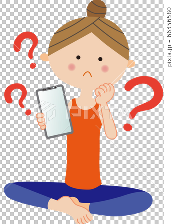 スカ・アーサナ(安楽座のポーズ)のヨガをしながらスマートフォンを持つ困った表情の女性とはてな スカ・アーサナ(安楽座のポーズ)のヨガをしながらスマートフォンを持つ困った表情の女性とはてな 66356580