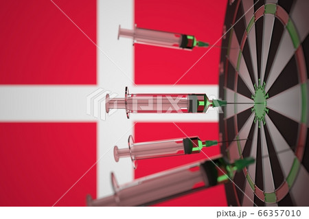 Coronavirus vaccine syringes on the Danish flag background. Medical research and vaccination in Denmark, 3D rendering 66357010
