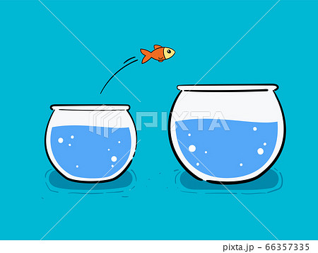 A gold fish is jumping from small pond to a big 66357335