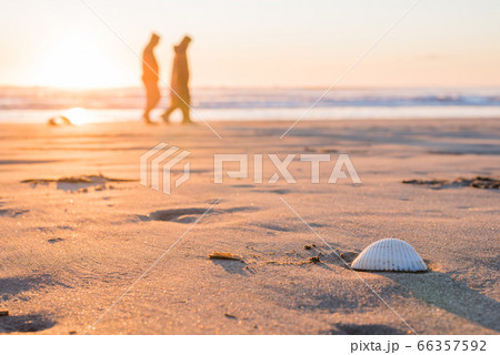 朝日に染まる海と砂浜を2人で散歩(片貝海水浴場) 朝日に染まる海と砂浜を2人で散歩(片貝海水浴場) 66357592