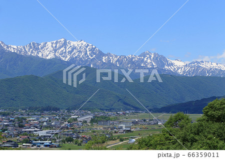 信濃大町　初夏の北アルプスと市街地 66359011
