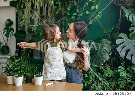 Mother and daughter plant green plants in the greenhouse.  66359257