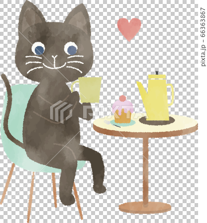 水彩風 ひとりで楽しむカフェタイム おうちカフェ 猫のイラスト素材