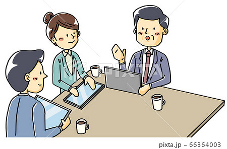 ipadタブレットを使って会議をするビジネスマン手描きイラスト 66364003