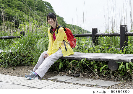 ハイキングする若い女性 66364300