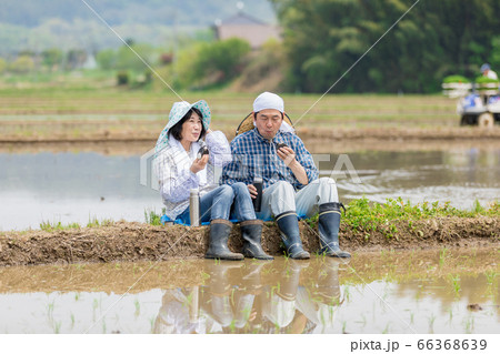 田植えの合間あぜ道で昼食をとる農家の夫婦 田植えの合間あぜ道で昼食をとる農家の夫婦 66368639