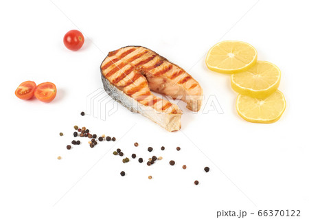 grilled salmon steak fillet, isolated on white background 66370122