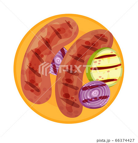 Grilled Food with Sausage or Wiener Rested on Plate with Sliced Vegetables Vector Illustration Grilled Food with Sausage or Wiener Rested on Plate with Sliced Vegetables Vector Illustration 66374427