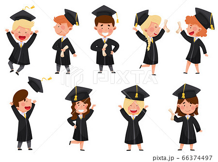 Girl and Boy Characters Wearing Academic Dresses or Gown and Square Academic Cap Cheering About Graduation Ceremony Vector Illustrations Set Girl and Boy Characters Wearing Academic Dresses or Gown and Square Academic Cap Cheering About Graduation Ceremony Vector Illustrations Set 66374497