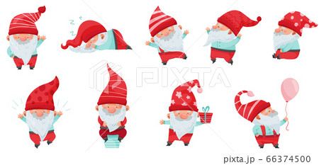 Fantastic Gnome Character with White Beard and Red Pointed Hat Vector Illustration Set Fantastic Gnome Character with White Beard and Red Pointed Hat Vector Illustration Set 66374500