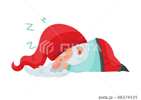 Gnome Character with White Beard and Red Pointed Hat Sleeping Vector Illustration 66374535