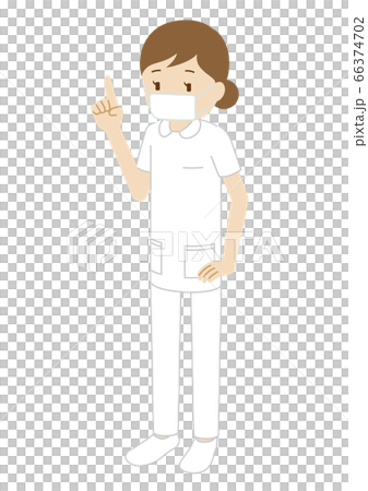 マスクをする女性看護師の立ち姿のイラスト 指さしのポーズ のイラスト素材