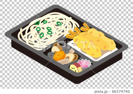 お持ち帰りの冷たいざるうどんと海老天丼のお弁当のイラスト素材