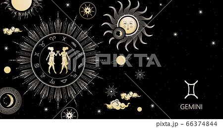 Zodiac background. Gemini zodiac sign. Horizontal banner. Zodiac background. Gemini zodiac sign. Horizontal banner. 66374844
