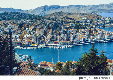 Panoramic view of the picturesque village on the Greek island of Symi, Dodecanese, Greece 66376904