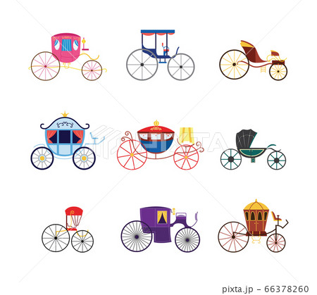 Colorful cartoon vintage carriage and stagecoach, isolated flat set 66378260