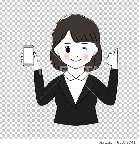 右手にスマホ 左手にグッドサインの会社員女性のイラスト 上半身 のイラスト素材