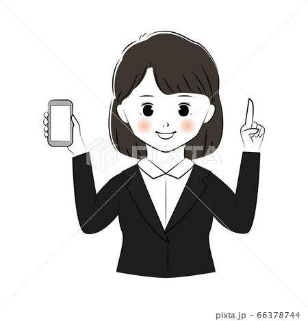 スマホを手に持ち 上を指さすスーツを着た女性のイラスト 上半身 のイラスト素材 スマホを手に持ち 上を指さすスーツを着た女性のイラスト 上半身 のイラスト素材