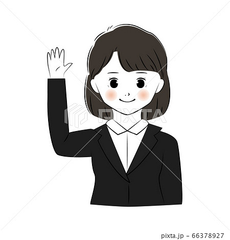 手を挙げているスーツを着た女性のイラスト 上半身 のイラスト素材