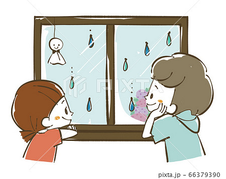 雨の日に窓の外を眺める子どもたちのイラスト素材