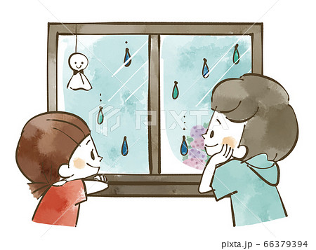 雨の日に窓の外を眺める子どもたち 水彩のイラスト素材