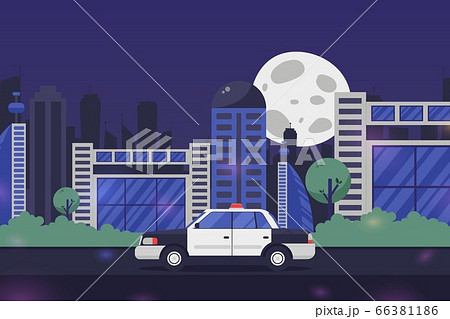 Security service police car in night city, vector illustration. Emergency ervice against crime, maintaining law compliance Security service police car in night city, vector illustration. Emergency ervice against crime, maintaining law compliance 66381186