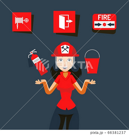 Fire safety sign vector illustration. Image for help during emergency, flame indoors. Girl in helmet show fire extinguisher 66381237