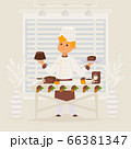 Confectioner work with chocolate vector illustration. Man character cook in apron offer sweet dessert in candy store. Product 66381347