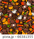Chocolate product pattern, cacao, coffe and cupcake, vector illustration. Sweets from tropical cocoa beans, ice cream, candy 66381355
