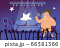 Cave people character sing microphone in front audience vector illustration. Curly primeval man in loincloth with teeth necklace 66381366