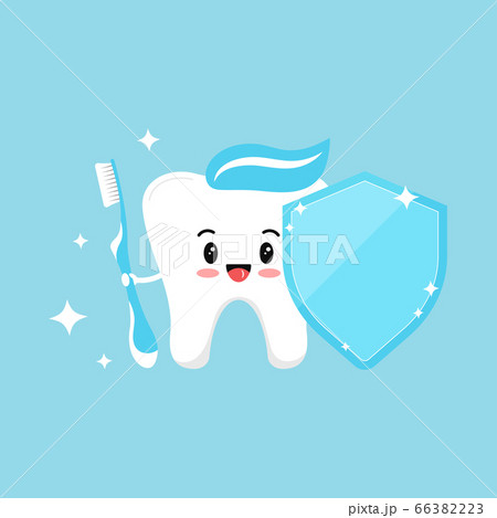 Cute tooth emoji with blue toothbrush and dental shield with paste on head and sparkles. Cute tooth emoji with blue toothbrush and dental shield with paste on head and sparkles. 66382223