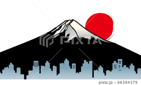 富士山と日の出のと都心の街並みのイラストのイラスト素材