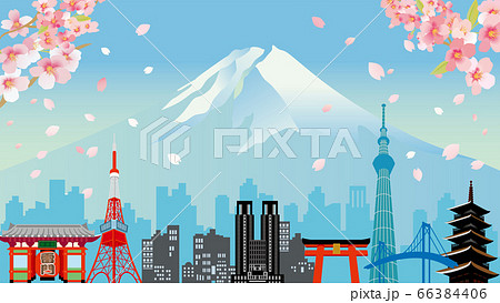 桜と富士山と東京のビル群のイラストのイラスト素材