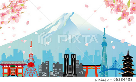 桜と富士山と東京のビル群のイラストのイラスト素材