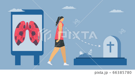 She is tried and going to die with chronic obstructive pulmonary disease or COPD. Lung have breathing problems and poor airflow. Vector illustration in flat design. She is tried and going to die with chronic obstructive pulmonary disease or COPD. Lung have breathing problems and poor airflow. Vector illustration in flat design. 66385780